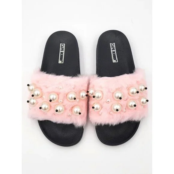 Cape Robbin Moira Women Slip On Skids Sandal Size 5 Pink Faux Fur & Pearl Accent - Picture 3 of 8